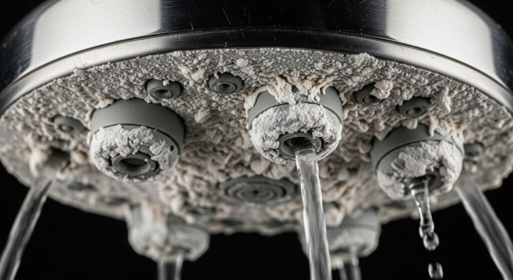 Is Your Home Being Sabotaged? How to Spot Hard Water Damage and Make the Switch? Close-up of a showerhead clogged with white calcium and limescale buildup caused by hard water