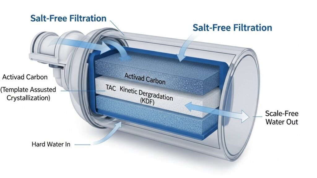 Technical diagram showing 99.6% scale prevention using Template Assisted Crystallization (TAC) media in a salt-free water conditioner
