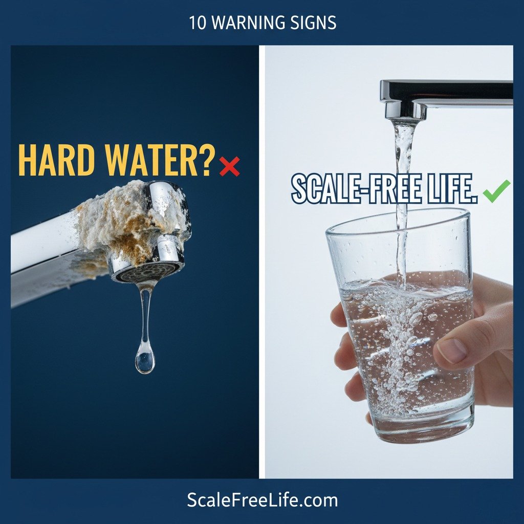 A side-by-side comparison showing a crusty faucet with limescale buildup and a clean hand holding a glass of sparkling clear water