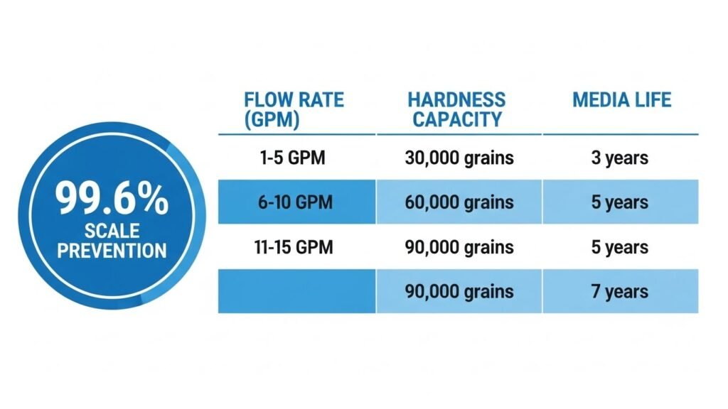 Infographic showing water system performance specifications including GPM flow rates and filter capacity for Dallas-area homes