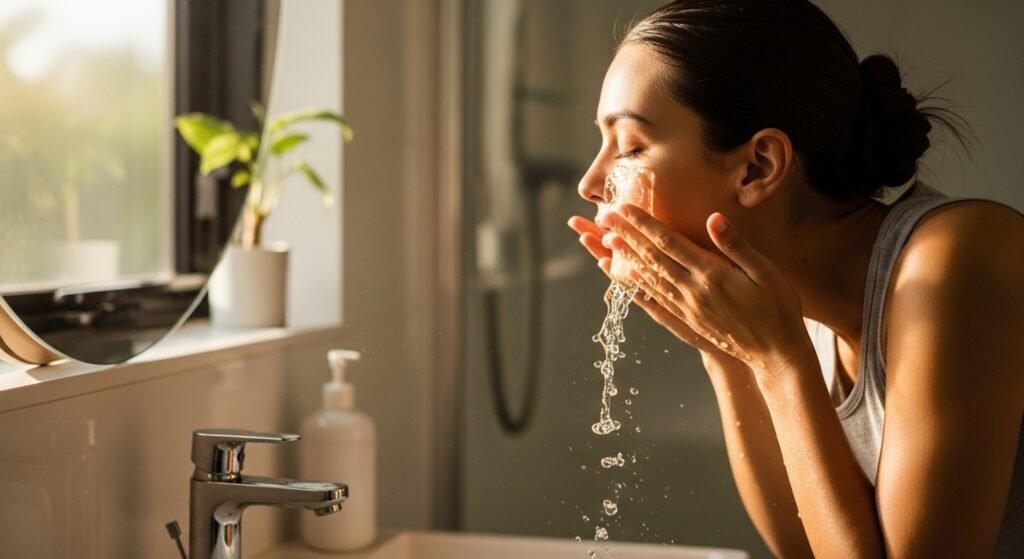 Is Your Home Being Sabotaged? How to Spot Hard Water Damage and Make the Switch? Person splashing their face with clean clear water in a sunlit bathroom