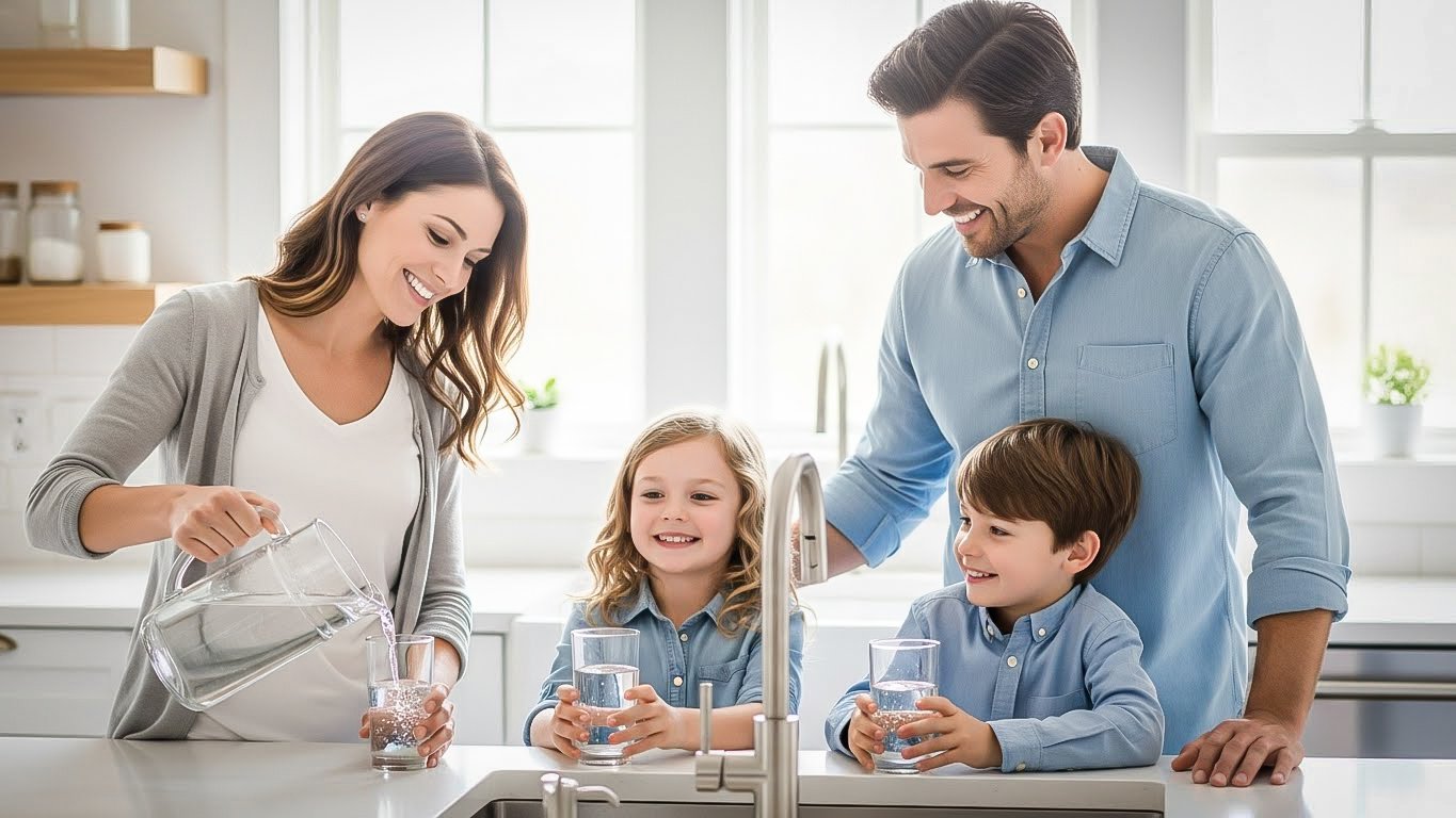 Happy american family enjoying clean drinking water in modern ki