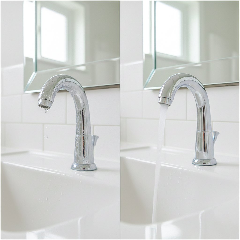 chrome bathroom faucet with visible white mineral scale