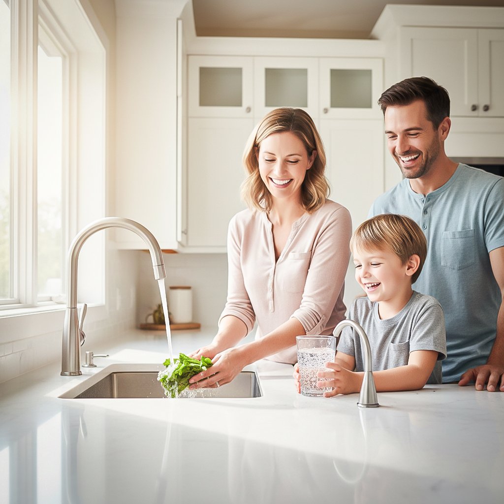 happy american family in a modern kitchen using water naturally