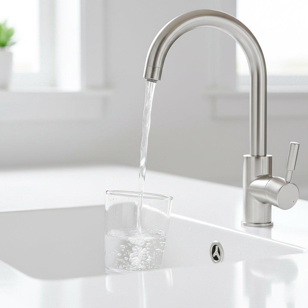 modern american kitchen faucet pouring crystal clear water into