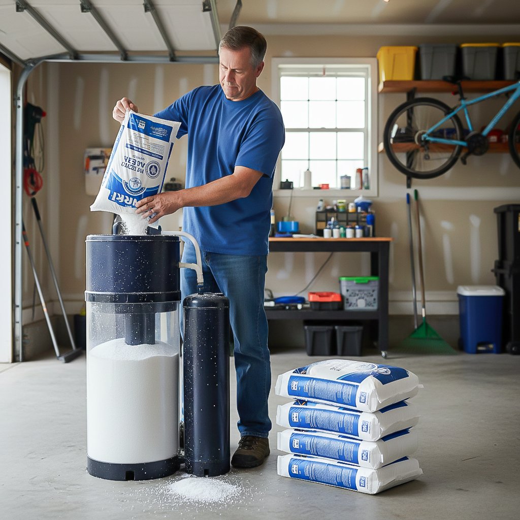 homeowner in an american garage refilling a traditional salt bas