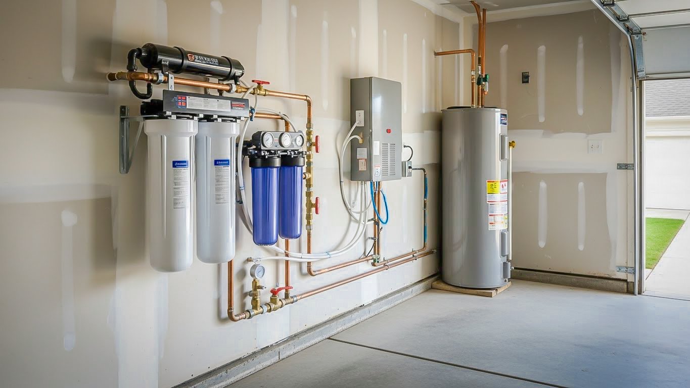 Modern whole house water filtration system installed in the gara