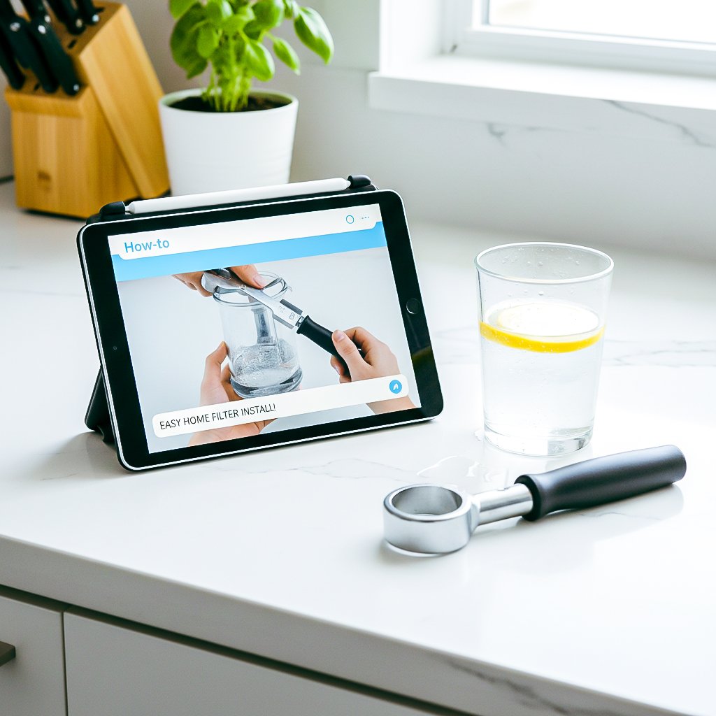 modern kitchen counter with tablet and tool