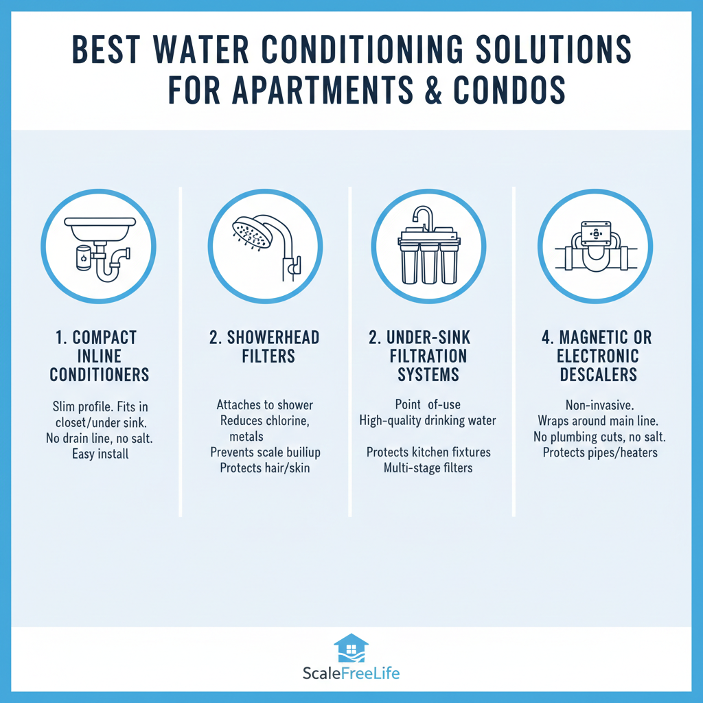 Infographic showing 4 water conditioning solutions for apartments: Compact Inline Conditioners, Showerhead Filters, Under-Sink Systems, and Electronic Descalers