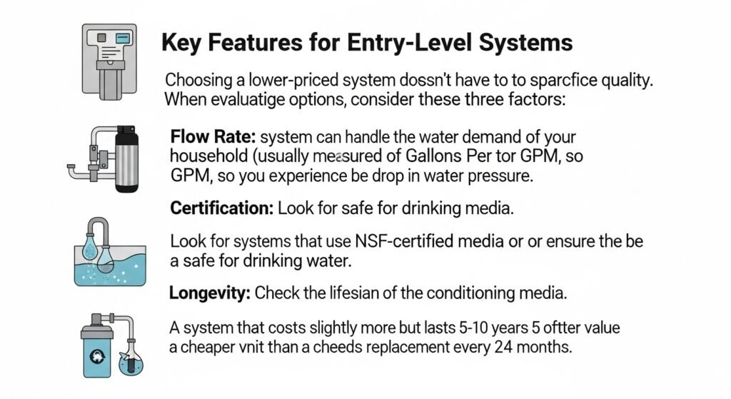 Infographic showing key features for entry-level salt-free water conditioners, focusing on flow rate, certification, and system longevity to prevent hard water damage