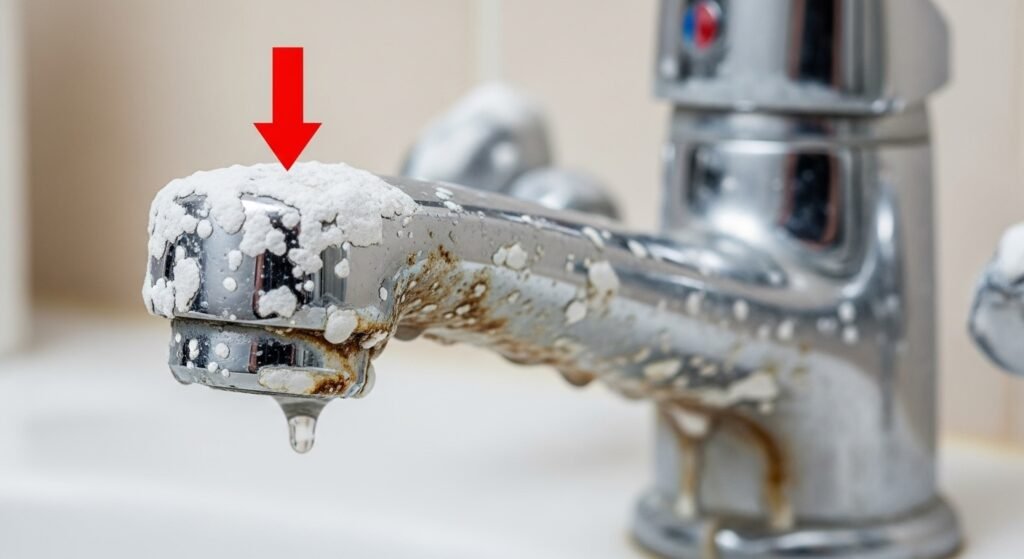 Close-up of a chrome bathroom faucet heavily encrusted with thick, white calcium and limescale deposits, illustrating the damaging effects of hard water on home fixtures