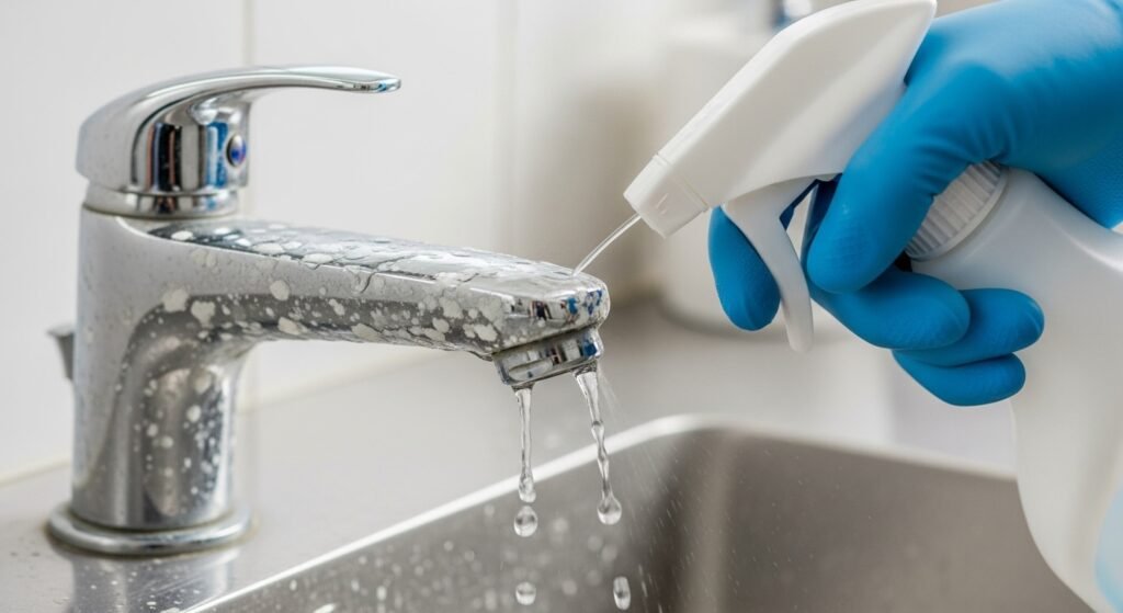 The Endless Scrub: Why Your Faucet is Destroying Itself (and How to Stop It) Close-up of a chrome bathroom faucet showing severe white, crusty calcium and mineral buildup with a red arrow pointing to the damage