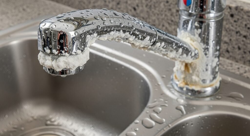 Realistic close-up of a modern kitchen faucet with white hard water scale buildup and mineral deposits