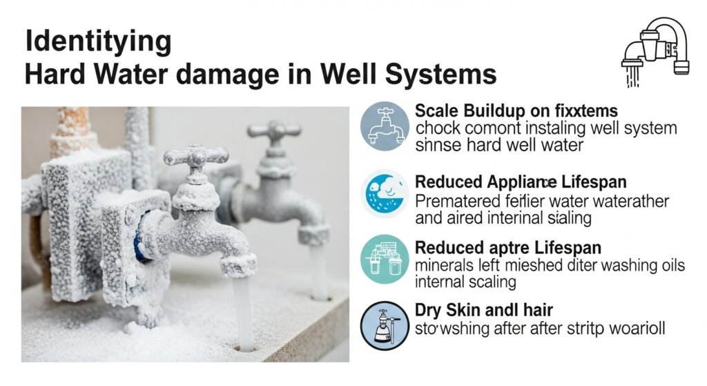 Visual guide to identifying hard water damage in well systems, featuring scale buildup on fixtures and reduced appliance lifespan