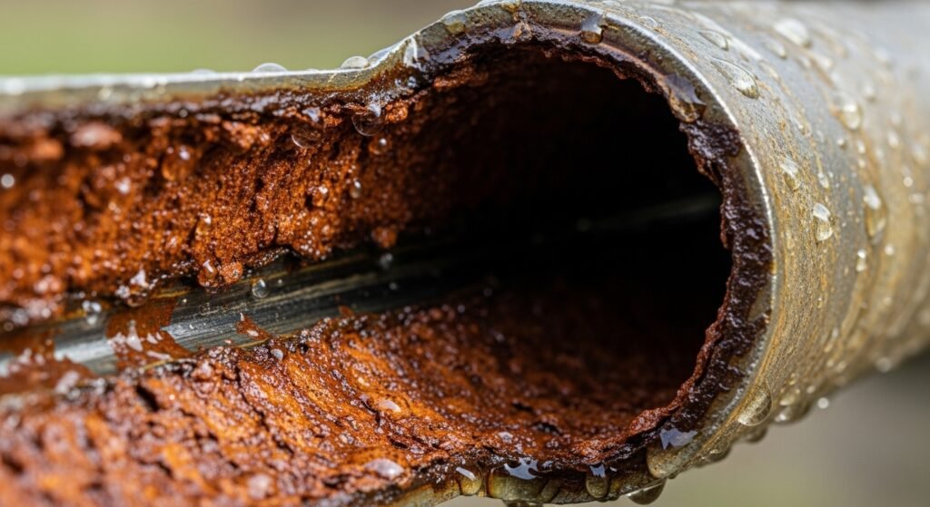 Extreme close-up of a cross-section of a metal water pipe heavily narrowed by thick, rusty hard water scale and corrosion