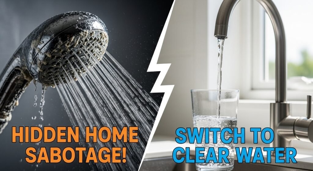 Comparison showing a crusty, mineral-clogged showerhead titled "Hidden Home Sabotage" versus a clean kitchen faucet pouring crystal-clear water into a glass with the text "Switch to Clear Water."