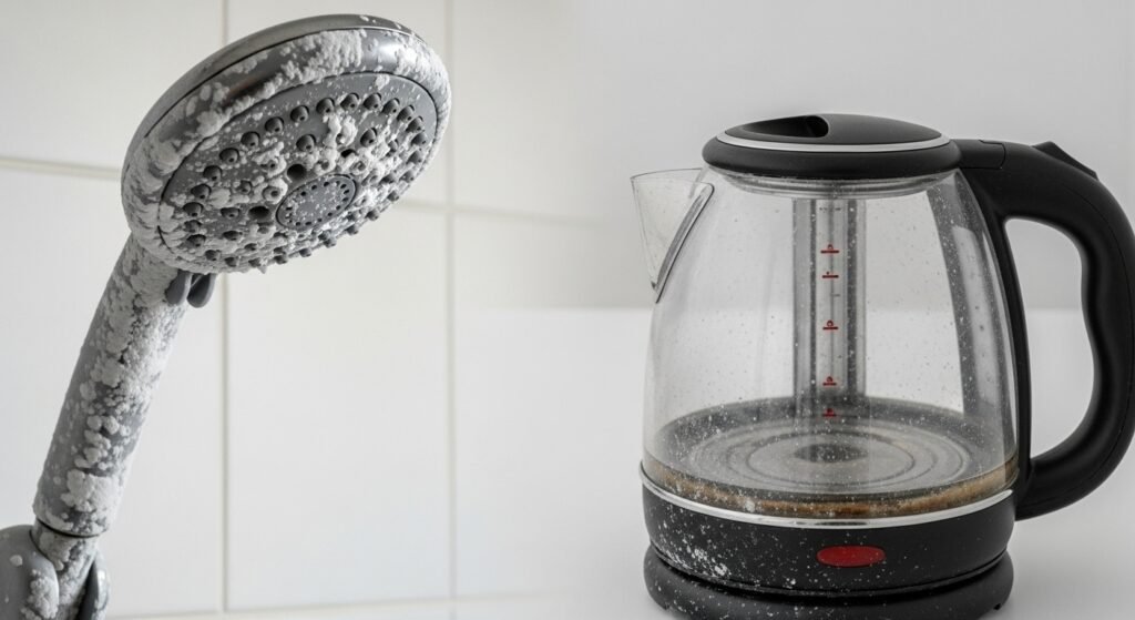 A three-panel photo showing subtle signs of hard water: mineral spots on a showerhead, a cloudy film on a glass kettle, and soap scum streaks on a glass shower door