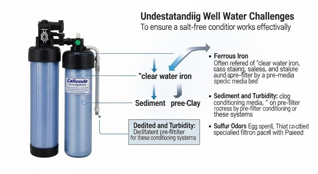 Infographic explaining well water challenges like ferrous iron, sediment, and sulfur odors that require pre-filtration before a salt-free conditioner