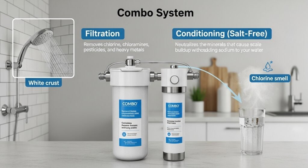 Infographic showing a salt-free combo system with callouts for filtration (removing chlorine) and conditioning (neutralizing scale)