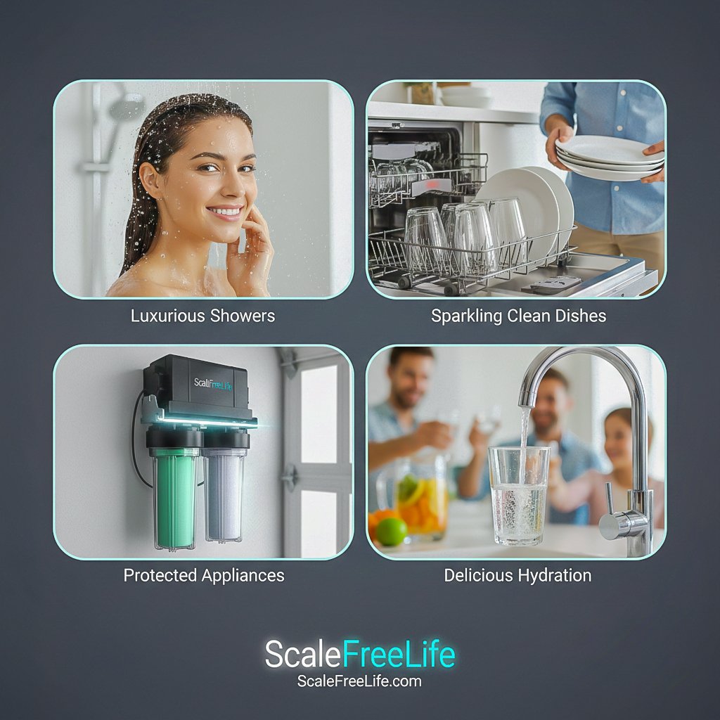 A collage of four happy scenes: a woman showering, sparkling clean dishes, a protected filtration system, and a family drinking clear water