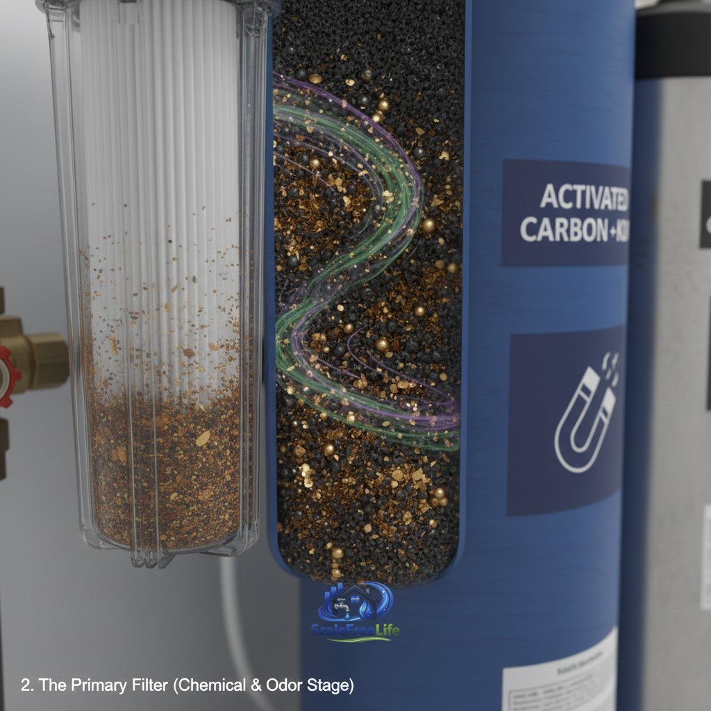 Primary filtration uses carbon and KDF to eliminate "swimming pool" chlorine smells and heavy metals