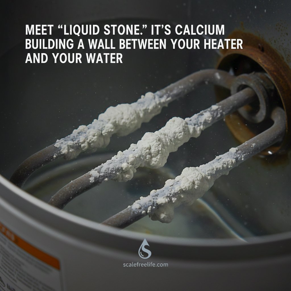 Is "Liquid Stone" Draining Your Wallet? The Hidden Truth About Your Energy Bill Macro close-up shot of a water heater element covered in thick, white calcium mineral scale, also known as "liquid stone."