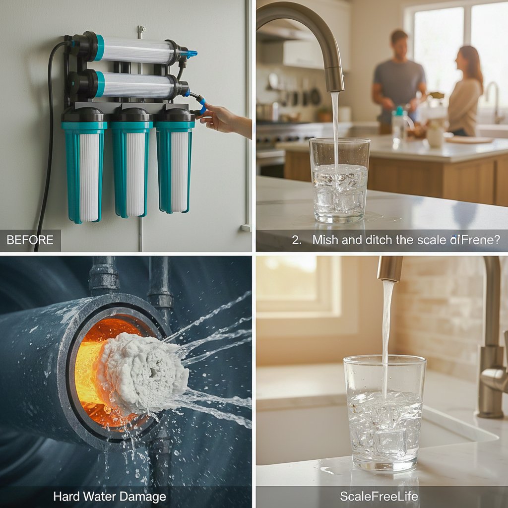 A four-panel collage showing a water filtration system, a person pouring a glass of water, a pipe clogged with scale, and a clear glass of water