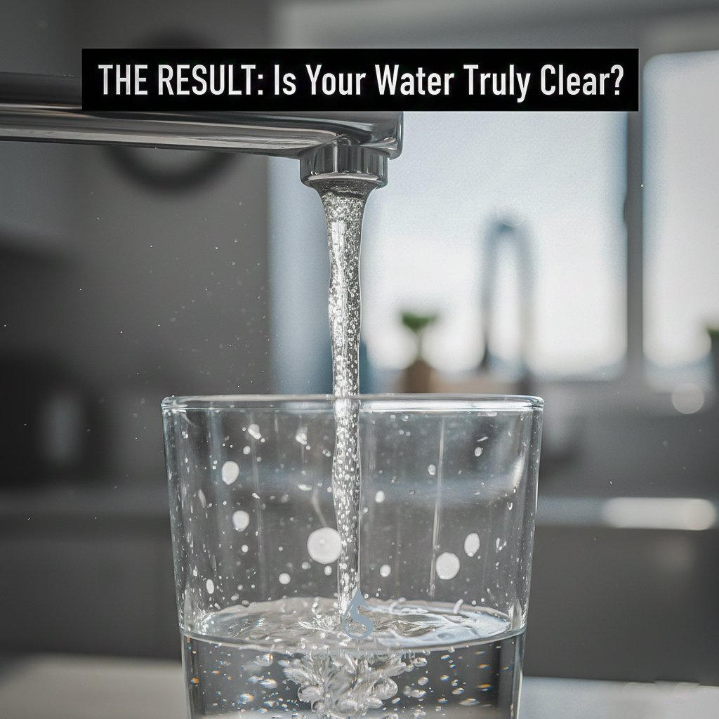 Water pouring from a kitchen faucet into a clear glass that shows immediate white water spots and cloudiness