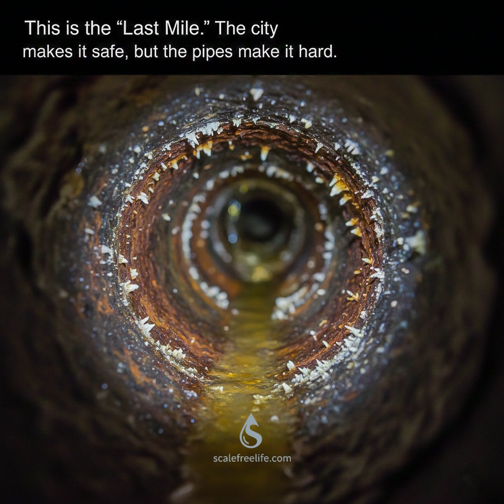 A close-up internal view of a rusted water pipe showing heavy mineral scale, stalactite-like buildup, and corrosion