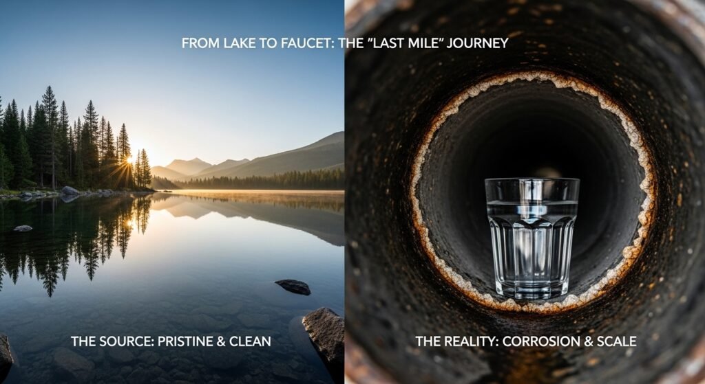 Split-screen image showing a pristine mountain lake on one side and the inside of a corroded water pipe with mineral buildup and a glass of water on the other, illustrating water quality changes from source to home