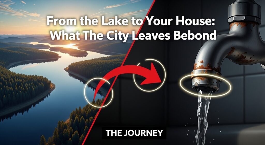 Illustration showing water traveling from a natural lake to a rusted household faucet, highlighting contaminants and residues left behind by city water systems