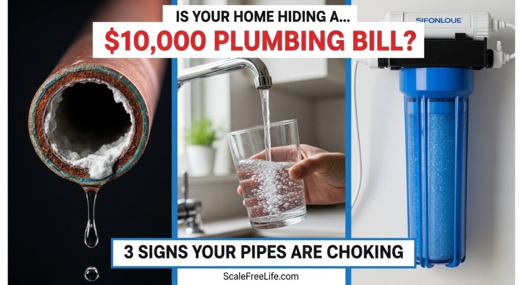 Close-up comparison of a copper pipe clogged with thick white calcium scale buildup next to a modern clear water filtration system