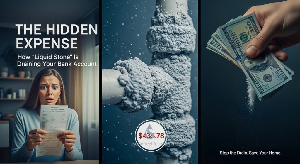 A collage showing a man shocked by an energy bill, calcium scale on a heater, and a hand holding cash to represent the hidden costs of hard water