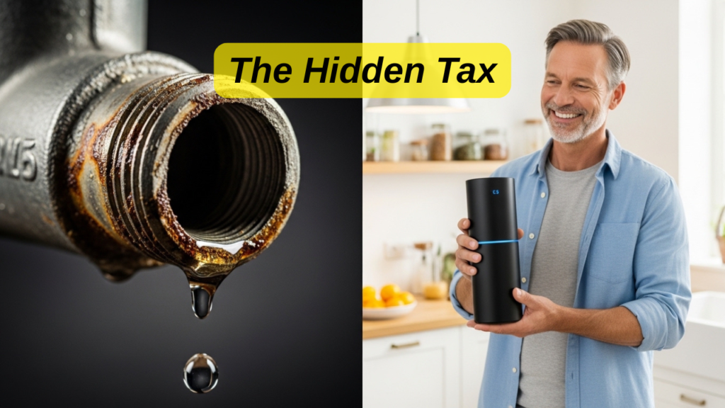 Cross-section of a copper pipe clogged with limescale next to a homeowner holding a ScaleFreeLife water filtration system.