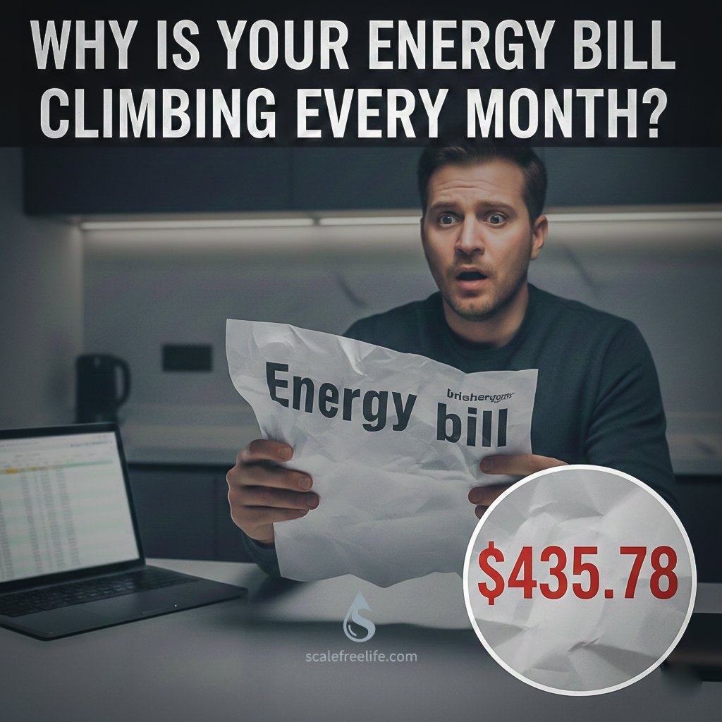 Is "Liquid Stone" Draining Your Wallet? The Hidden Truth About Your Energy Bill A man looking shocked while holding a crumpled energy bill with a high balance of $435.78 displayed in a zoom bubble