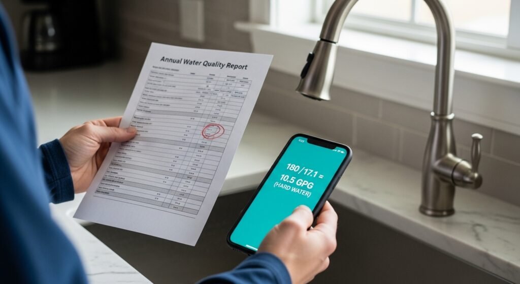 Stop Ignoring Your City Water Report: What Those 20 Pages Really Mean for Your Home (and Health!) Homeowner reviewing an annual water quality report while calculating 10.5 GPG hard water on a smartphone in a modern kitchen