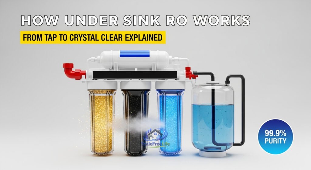 Protecting Your Home: How Under-Sink Reverse Osmosis Actually Works? 3D cutaway illustration of an under-sink reverse osmosis water filtration system showing three filter stages, red inlet pipes, and a blue water storage tank labeled 99.9% purity