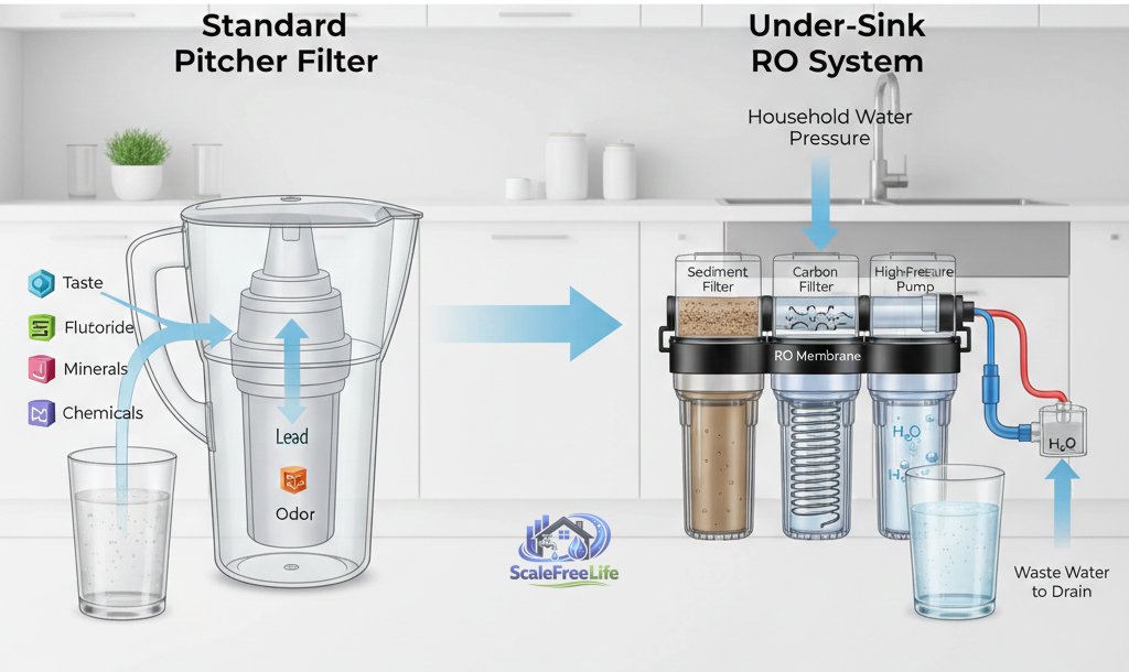 A comparison diagram showing a standard water pitcher filter versus a multi-stage under-sink RO system with household water pressure