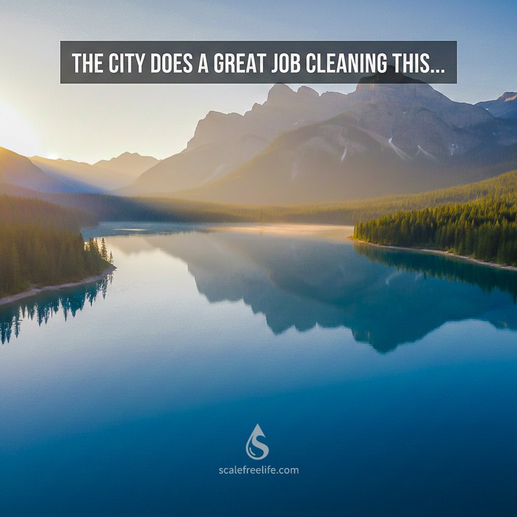 Cinematic aerial view of a clear blue lake surrounded by mountains at sunrise