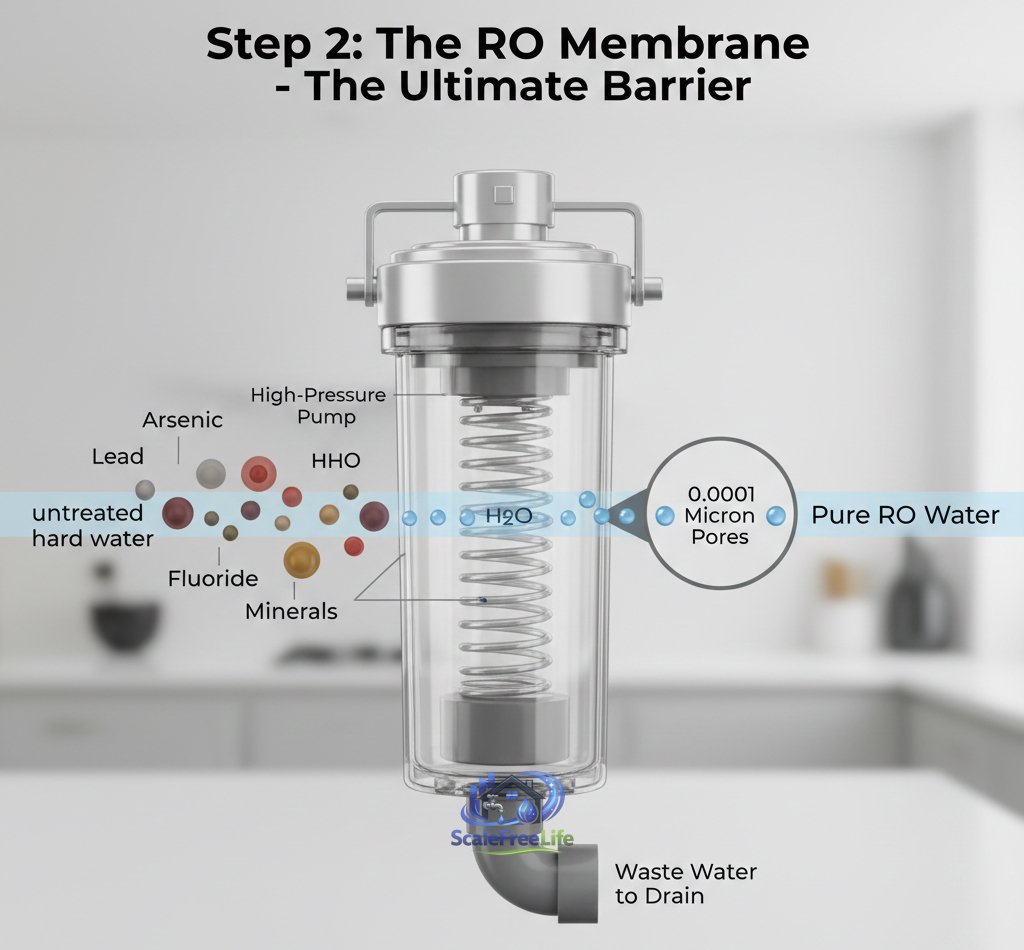 Detailed illustration of an RO membrane filtering lead, arsenic, and minerals through 0.0001-micron pores to create pure water