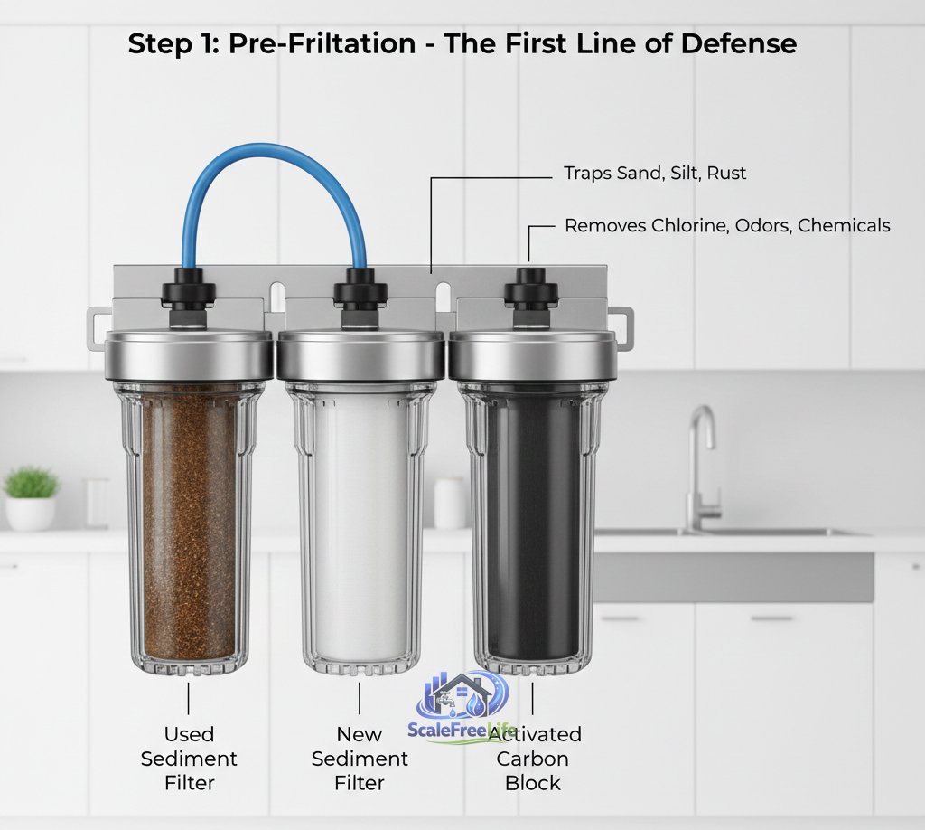 Diagram of Stage 1 pre-filtration featuring used brown sediment, new white sediment, and an activated carbon block filter