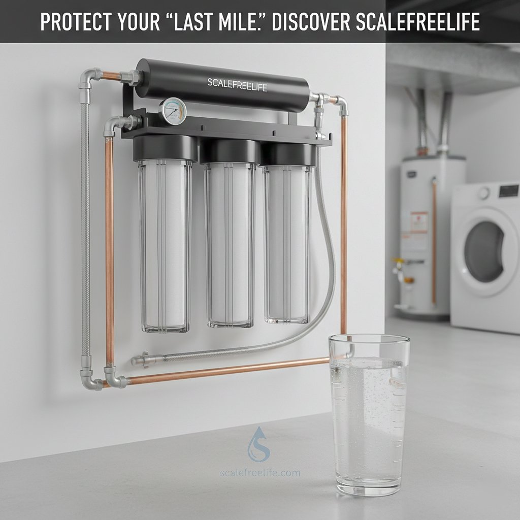 A modern ScaleFreeLife whole-home water filtration system installed on a garage wall next to a water heater