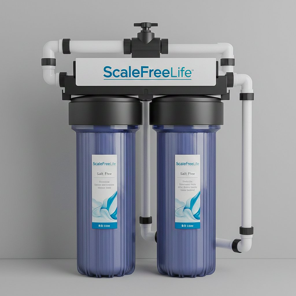 A high-quality professional render of a dual-tank ScaleFreeLife salt-free water filtration system mounted on a wall with the company logo