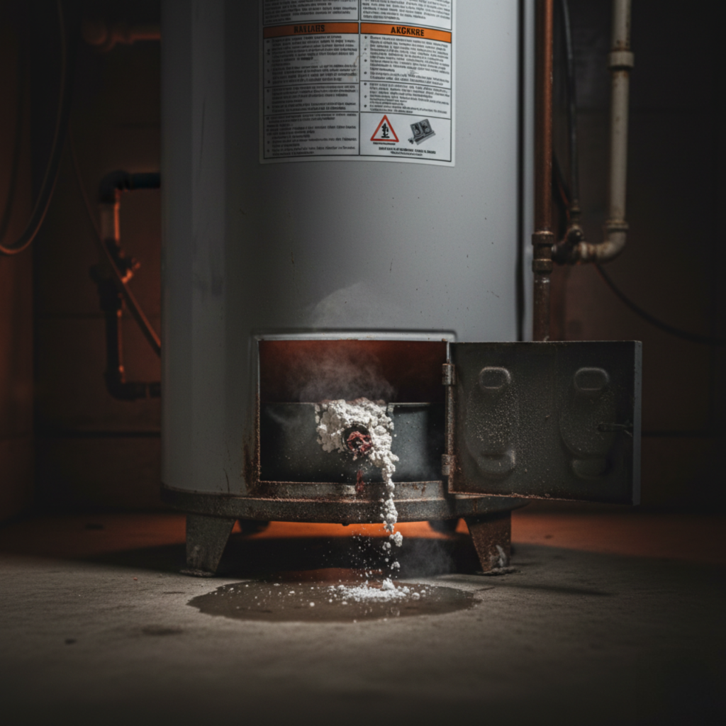 Interior view of a water heater base showing thick white calcium sediment buildup spilling out, illustrating the cause of popping and groaning sounds