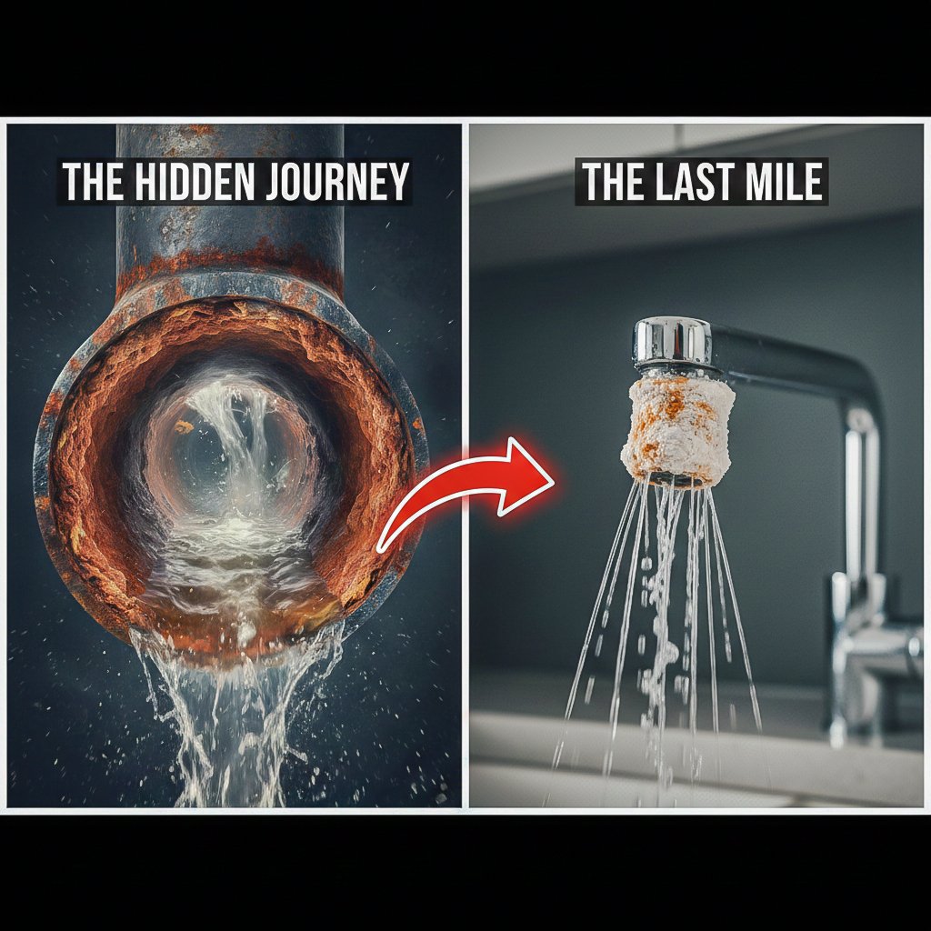 A split-screen graphic showing a rusted underground city water main on the left and a crusty, mineral-clogged kitchen faucet on the right with a red arrow connecting them