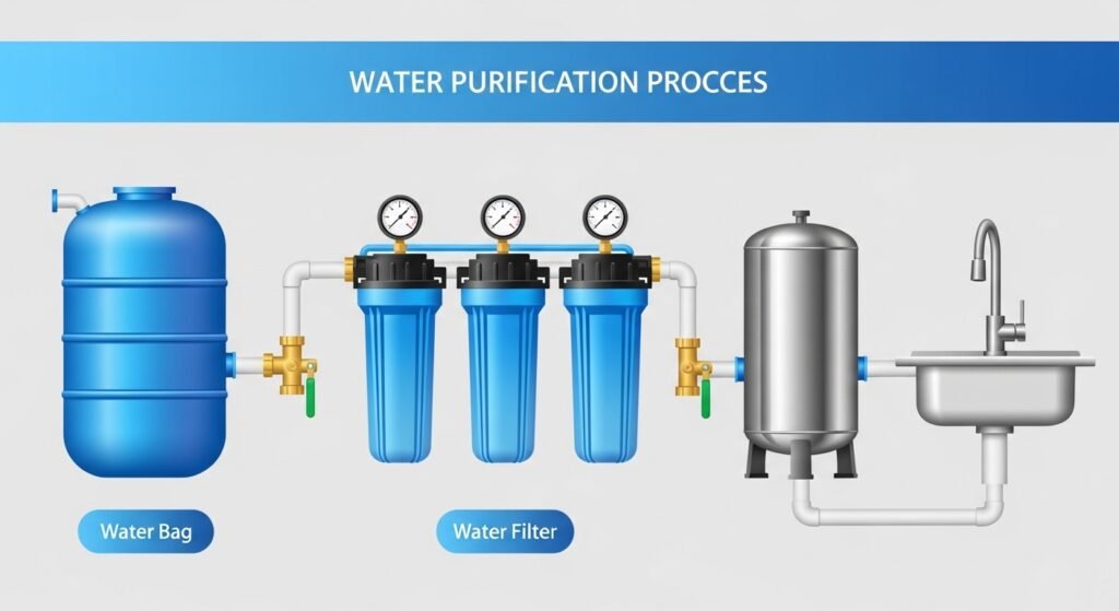 Infographic diagram showing a whole house water purification process with blue water storage tank, three filter canisters with pressure gauges, stainless steel tank, and kitchen sink with running purified water