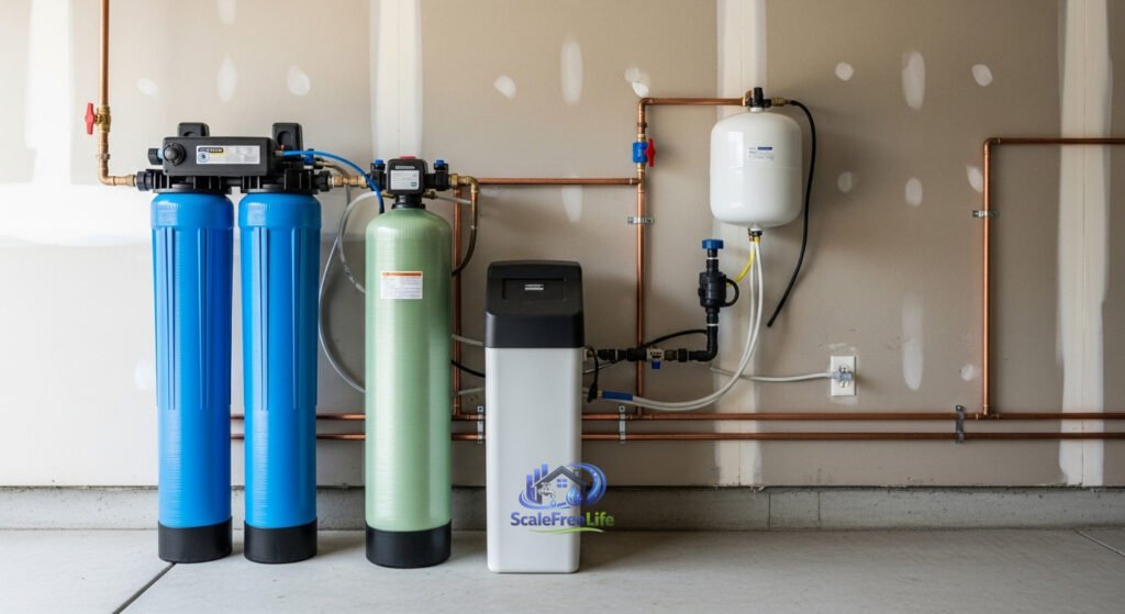 Ultra-realistic whole house water filtration and softener system installed in a modern American home garage with blue filter tanks and copper plumbing